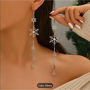 Silver Snowflake Dangle Earrings Long Chain Christmas Holiday Jewelry